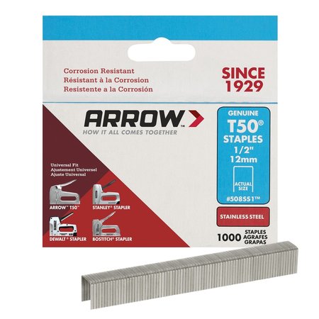 Arrow Fastener Heavy Duty Staples, T50, 18 ga, Flat Crown, 1/2 in Leg L, Stainless Steel, 1000 PK 508SS1